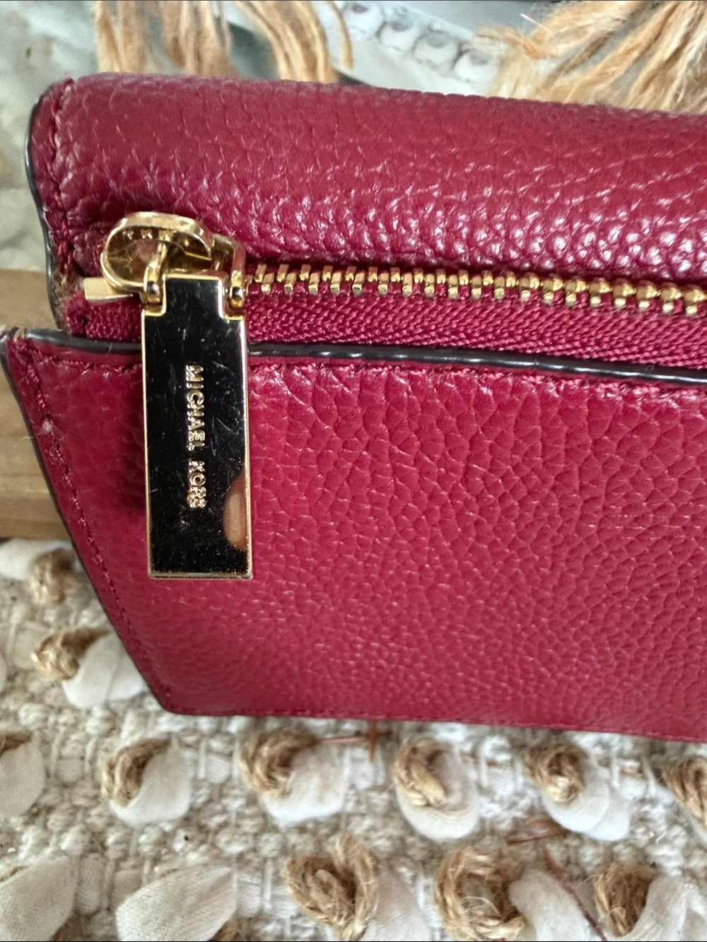 Michael Kors Pebbled Leather Wallet in Wine Red with Gold Logo